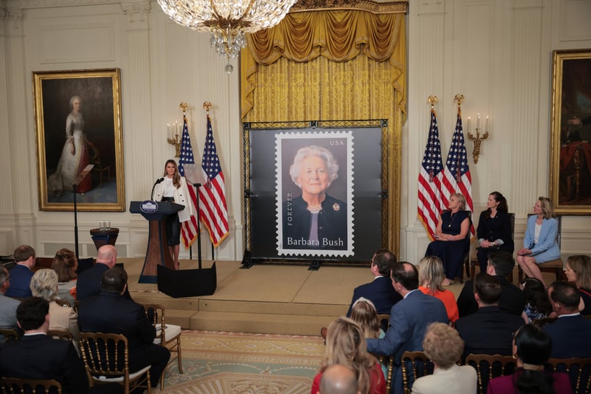 fashion notes melania trump wears dior bespoke herve pierre to unveil barbara bush postage stamp