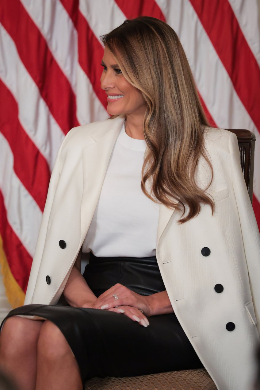 fashion notes melania trump wears dior bespoke herve pierre to unveil barbara bush postage stamp