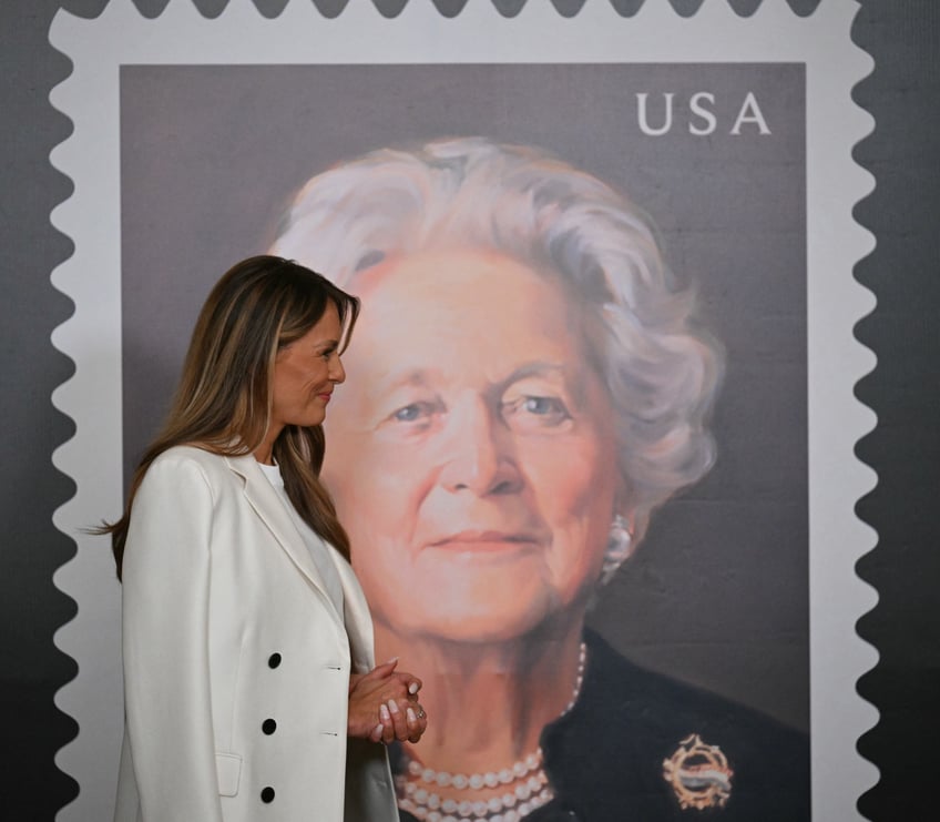 fashion notes melania trump wears dior bespoke herve pierre to unveil barbara bush postage stamp
