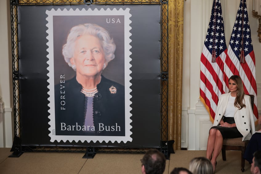 fashion notes melania trump wears dior bespoke herve pierre to unveil barbara bush postage stamp