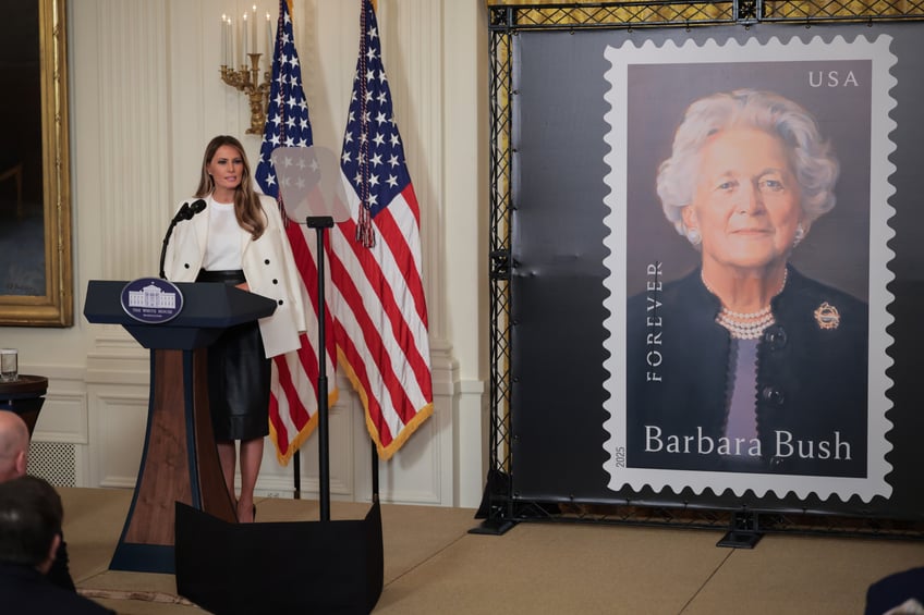 fashion notes melania trump wears dior bespoke herve pierre to unveil barbara bush postage stamp