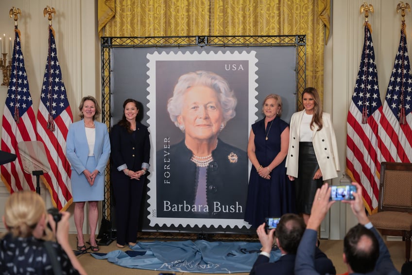 fashion notes melania trump wears dior bespoke herve pierre to unveil barbara bush postage stamp