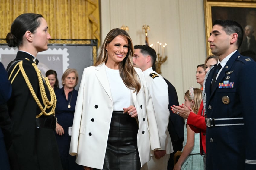 fashion notes melania trump wears dior bespoke herve pierre to unveil barbara bush postage stamp