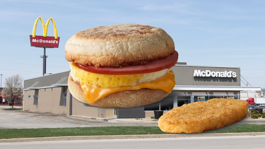 An enlarged photograph of an Egg McMuffin and hash brown are superimposed over a McDonald's.