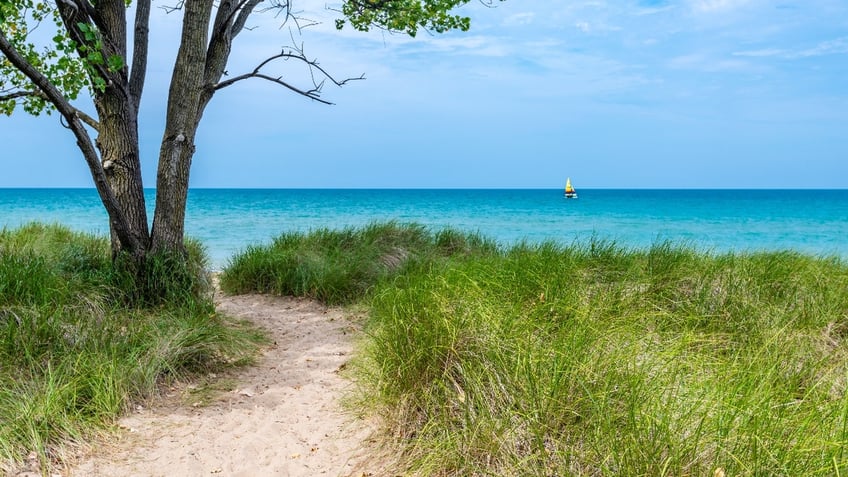View over dunes of Lake Michigan with a sailboat from the North Shore of Illinois.