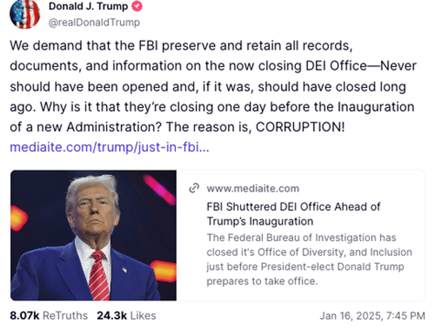 fbi nukes dei office trump demands all records to be preserved 