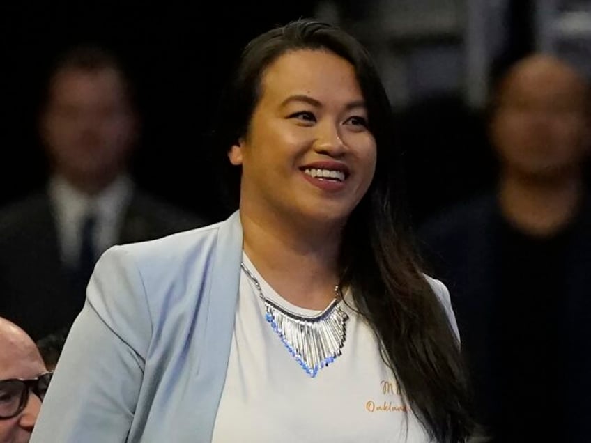 Oakland Mayor Sheng Thao is shown at a news conference announcing that the 2025 NBA All-St