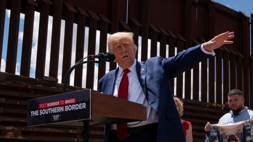 SIERRA VISTA, ARIZONA - AUGUST 22: U.S. Republican Presidential Candidate and former President Donald Trump speaks at the U.S.-Mexico border on August 22, 2024 south of Sierra Vista, Arizona. Trump will hold a rally in Glendale, Arizona tomorrow. (Photo by Rebecca Noble/Getty Images)