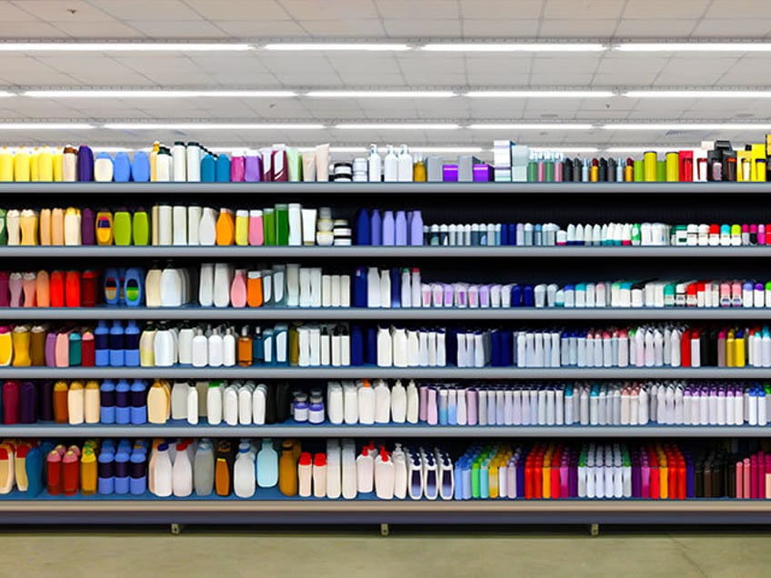 Deodorant, Soap, Shampoo, Disinfection kit, Skincare and Cosmetic bottles on shelf in supe