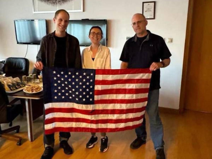 Evan Gershkovich, Alsu Kurmasheva and Paul Whelan after their release from Russia in a prisoner swap on Aug. 1, 2024. U.S. Government Photo