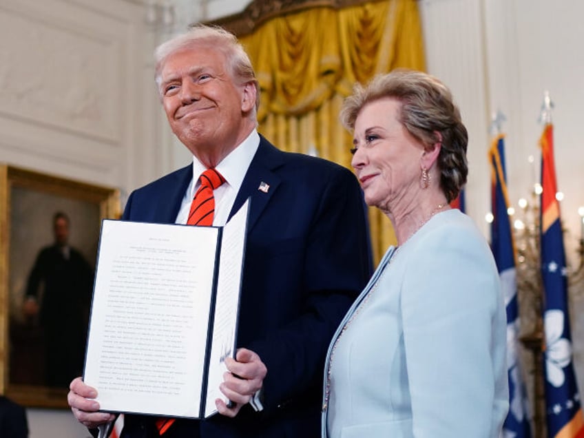US President Donald Trump, left, and Linda McMahon, US education secretary, after signing