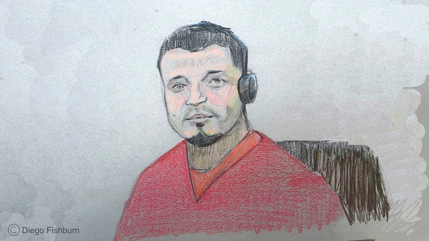 A drawing of Kilmar Abrego Garcia in court