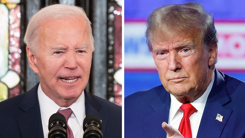 President Joe Biden speaking, split with former President Donald Trump pointing