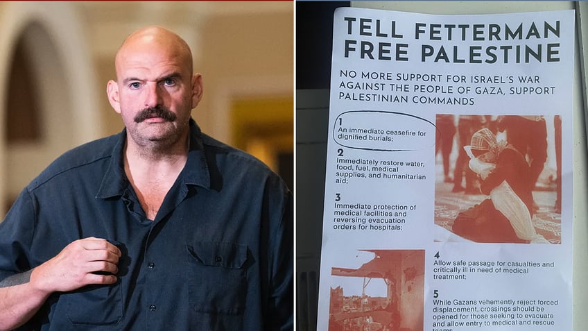 Sen. John Fetterman, D-Pa and Palestine poster split image