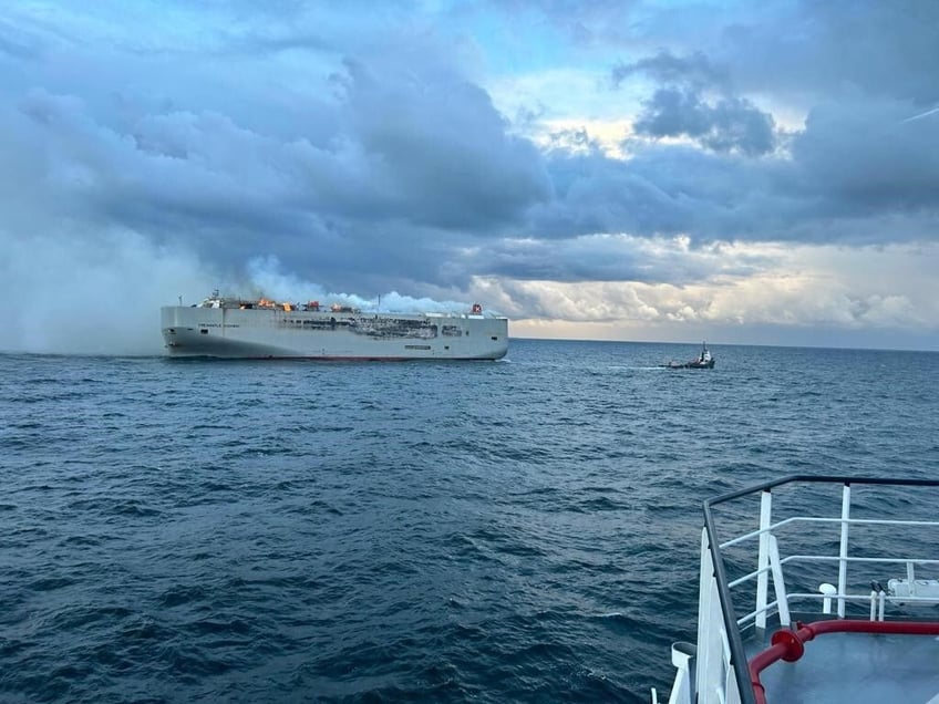 fire continues to rage on cargo ship carrying electric and conventional cars from europe to asia