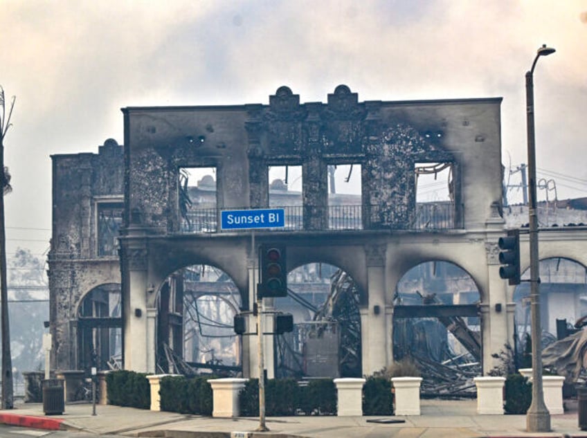 PACIFIC PALISADES, CA - January 08: A burned building on Sunset Boulevard during the Palis