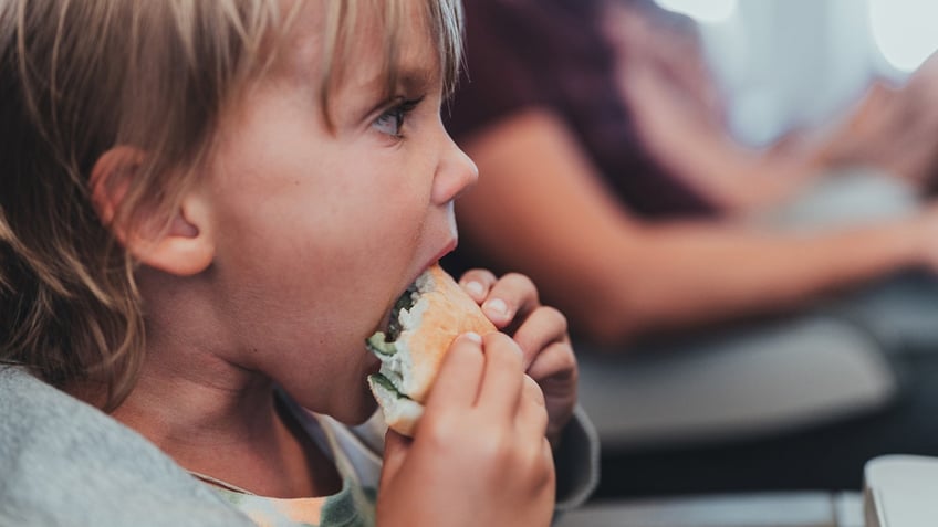 Child eating burger on flight