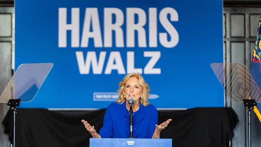 First lady Jill Biden speaks at a Get Out the Vote campaign event for Harris-Walz in Harrisburg, Pennsylvania, on Nov. 3, 2024.