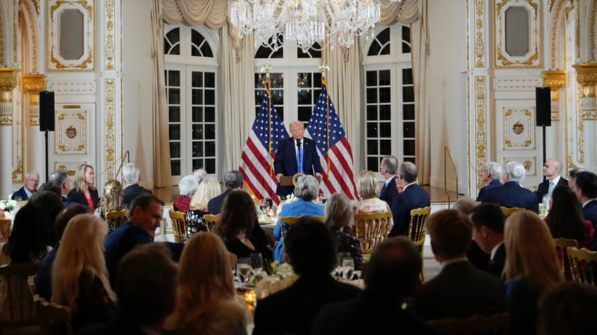 President Donald Trump speaks at a dinner with Senate Republicans at Mar-a-Lago in Palm Beach, Florida, on Friday, Feb. 7, 2025.