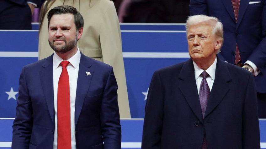 Vice President JD Vance and President Trump look on during an Inauguration Day rally