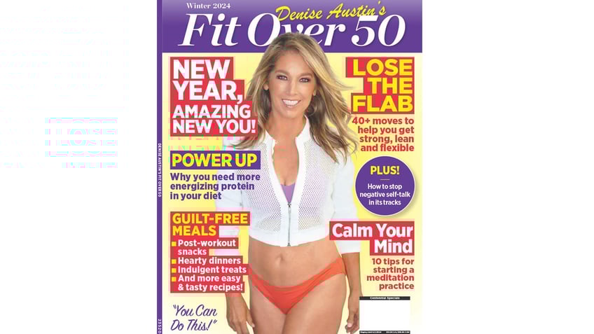 Denise Austin wears a bikini on the cover of her magazine