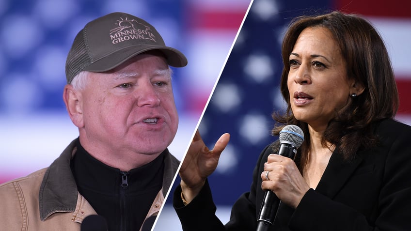 Split image of Tim Walz and Kamala Harris