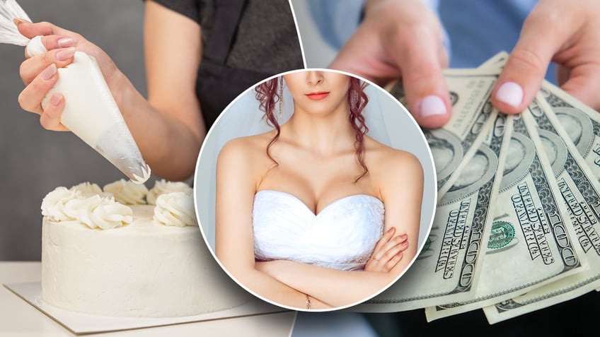 Left: Woman makes wedding cake. Middle: Upset bride with arms crossed. Right: Woman hands money.