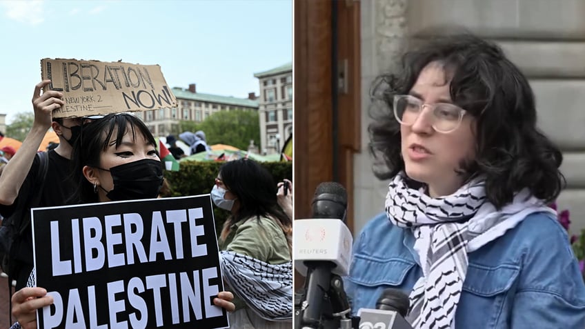 Palestinian protesters beside a speaker