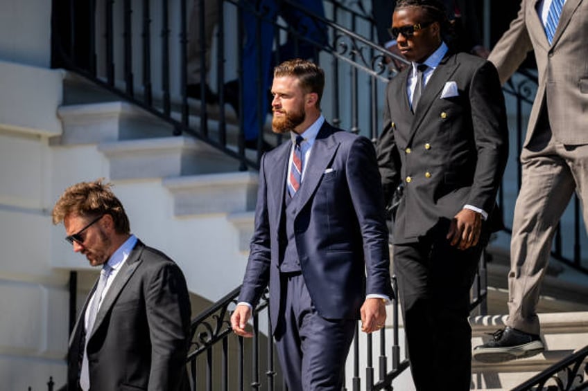 Super Bowl champion Kansas City Chiefs team kicker Harrison Butker joins his teammates for a celebration on the South Lawn of the White House on May...