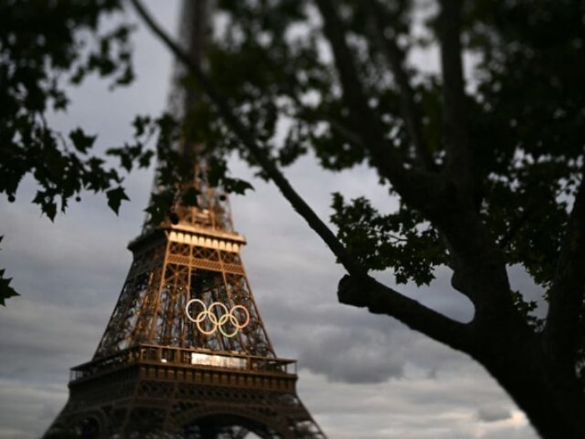 This photograph taken with a tilt-shift lens shows the Olympic Rings seen on the Eiffel To