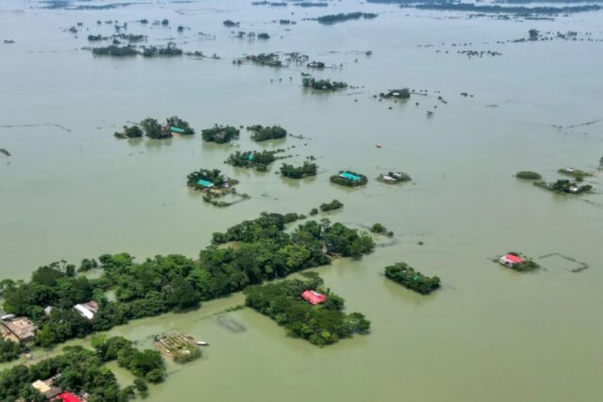 An aerial view shows deluged land after floods in Bangladesh's Sylhet district on June 21