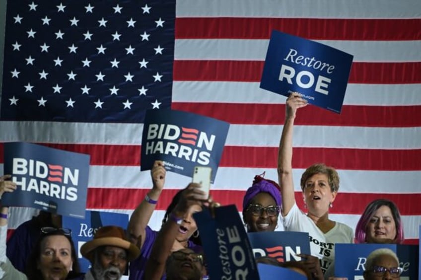 Supporters of US President Joe Biden cheer as they await his speech about reproductive fre