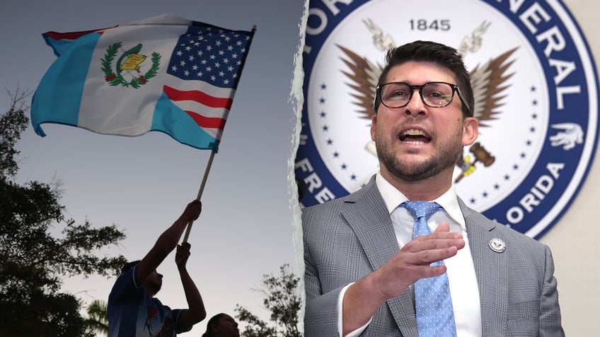 protesters, left; Florida AG Uthmeier, right