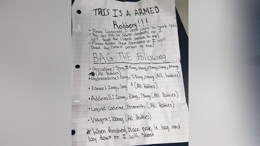 florida armed robber demands viagra other prescription drugs with peculiar handwritten note police