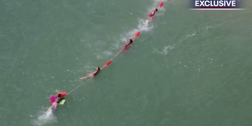 florida lifeguards form human chain to rescue boogie boarder drone video shows