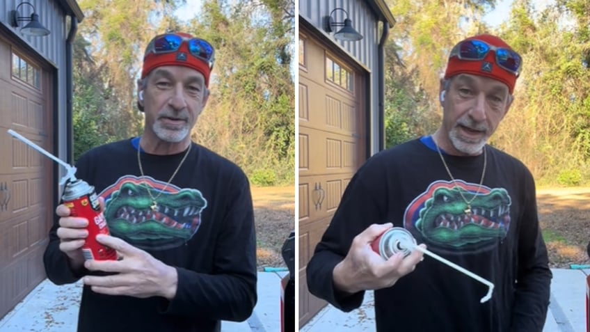 Gator standing outside his home holding a product