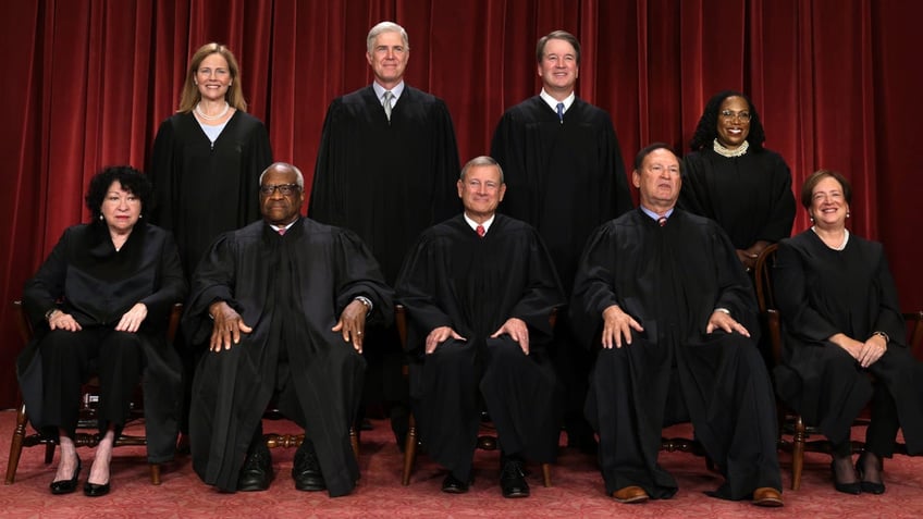 United States Supreme Court (front row L-R) Associate Justice Sonia Sotomayor, Associate Justice Clarence Thomas, Chief Justice of the United States John Roberts, Associate Justice Samuel Alito, and Associate Justice Elena Kagan, (back row L-R) Associate Justice Amy Coney Barrett, Associate Justice Neil Gorsuch, Associate Justice Brett Kavanaugh and Associate Justice Ketanji Brown Jackson pose for their official portrait