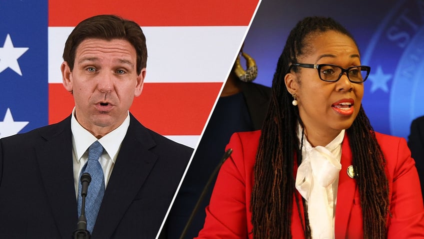 Split image of Florida Gov. Ron DeSantis and State Attorney Monique Worrell