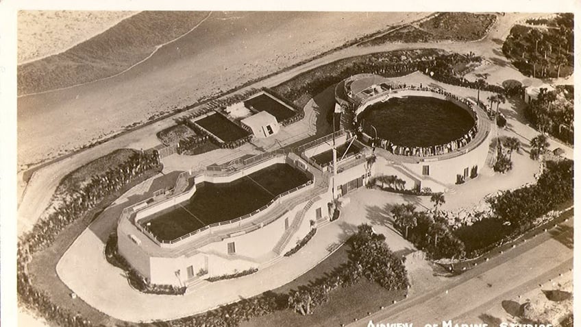 This is an old aerial view of what was then Marine Studios in the town of Marineland, Florida.