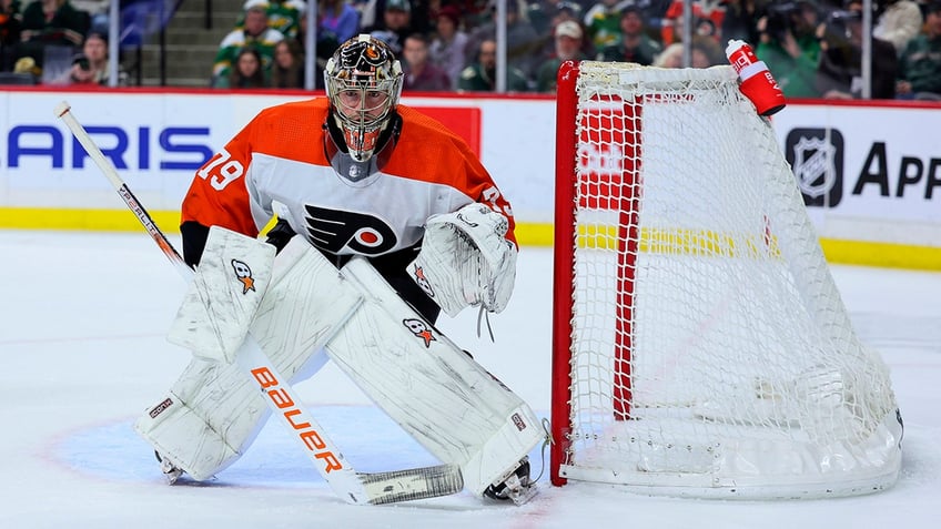 Carter Hart watches the net