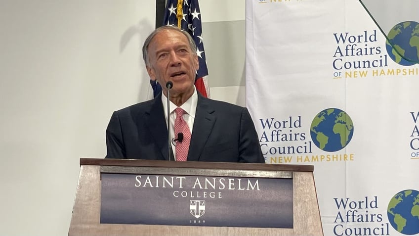 Former Secretary of State Mike Pompeo addresses the World Affairs Council of New Hampshire, on June 26, 2025, in Manchester, N.H. 