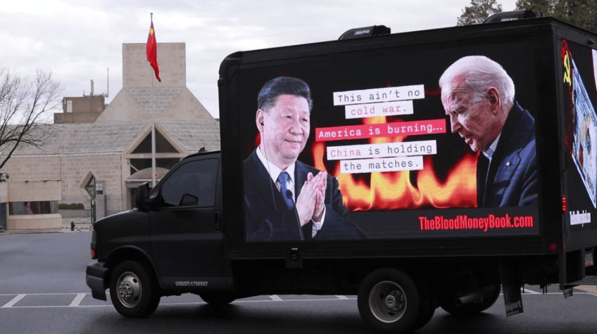 follow the money dc billboard truck hits biden for blood on his hands as america is burning at the hands of china