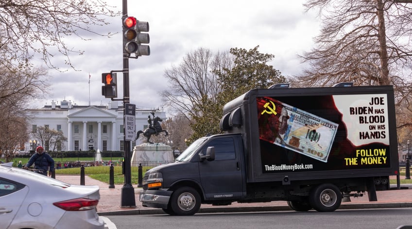 follow the money dc billboard truck hits biden for blood on his hands as america is burning at the hands of china