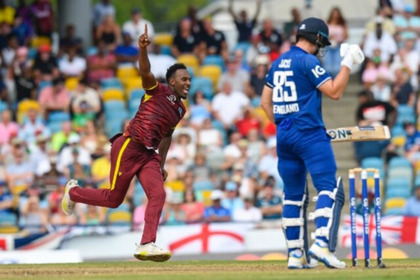 West Indies bowler Matthew Forde celebrates the dismissal of Will Jacks during the third and final ODI match against England at the Kensington Oval on Saturday