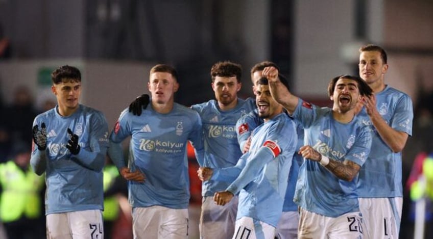 Nottingham Forest celebrate their victory on penalties against Exeter in the FA Cup