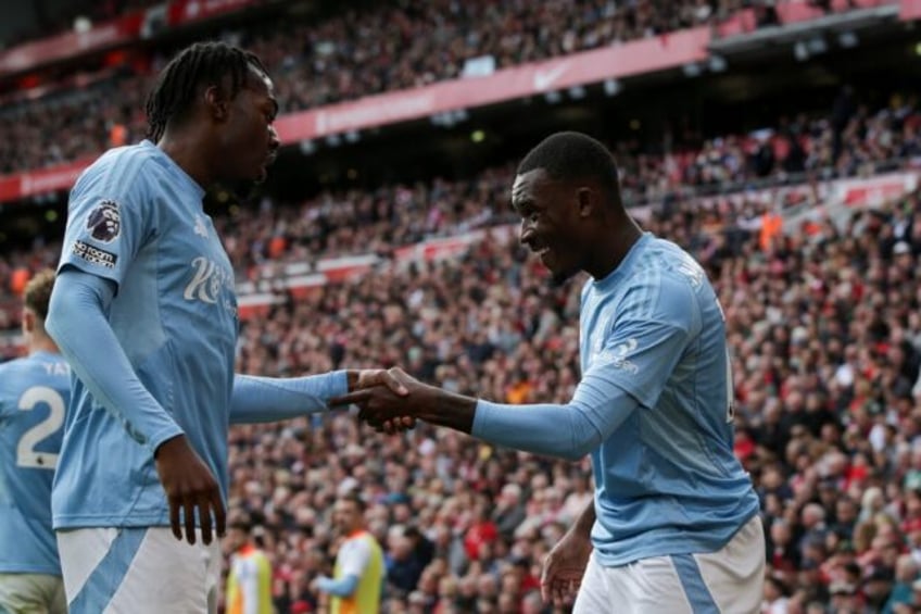 Callum Hudson-Odoi (right)scored Nottingham Forest's winner in a 1-0 victory at Liverpool