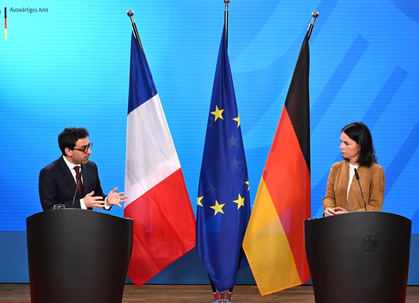 14 January 2024, Berlin: Foreign Minister Annalena Baerbock (r, Alliance 90/The Greens) and France's new Foreign Minister Stephane Sejourne make a joint statement at the Federal Foreign Office. Photo: Soeren Stache/dpa (Photo by Soeren Stache/picture alliance via Getty Images)