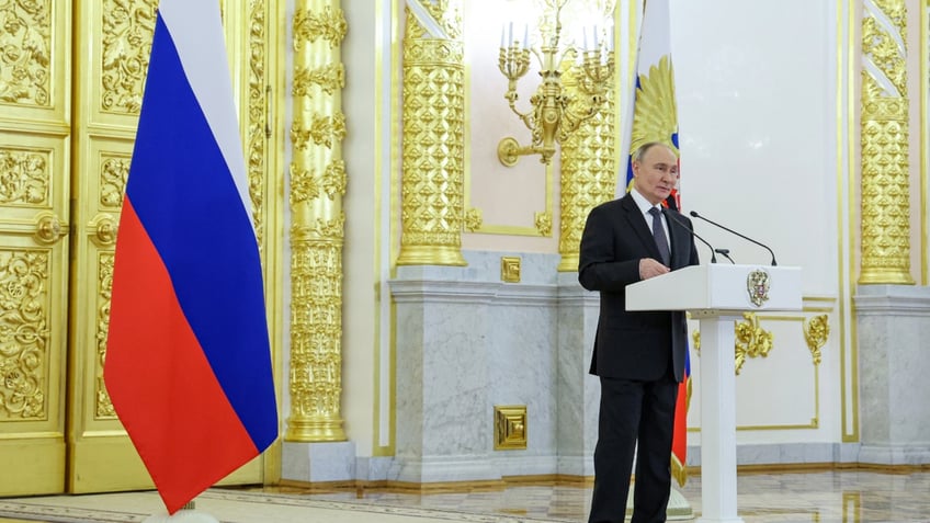 Russian President Vladimir Putin speaks at the Kremlin. (Sergei Karpukhin/TASS/Sipa USA)