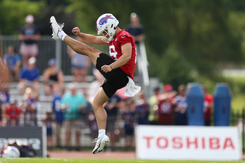 Matt Araiza of the Buffalo Bills punts during Bills training camp at Saint John Fisher University on July 24, 2022 in Pittsford, New York.