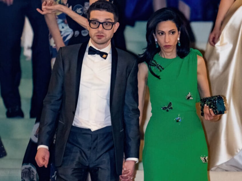 American historian Alexander Soros and Huma Abedin are seen leaving the 2024 Met Gala Cele